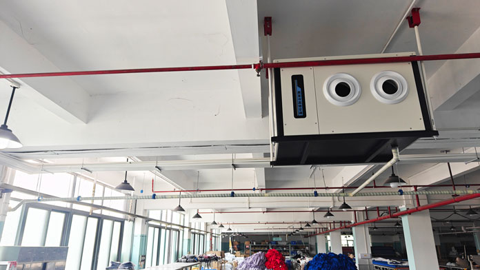 制衣廠整體制冷降溫，應用蒸發冷省電空調-臥式射流機組